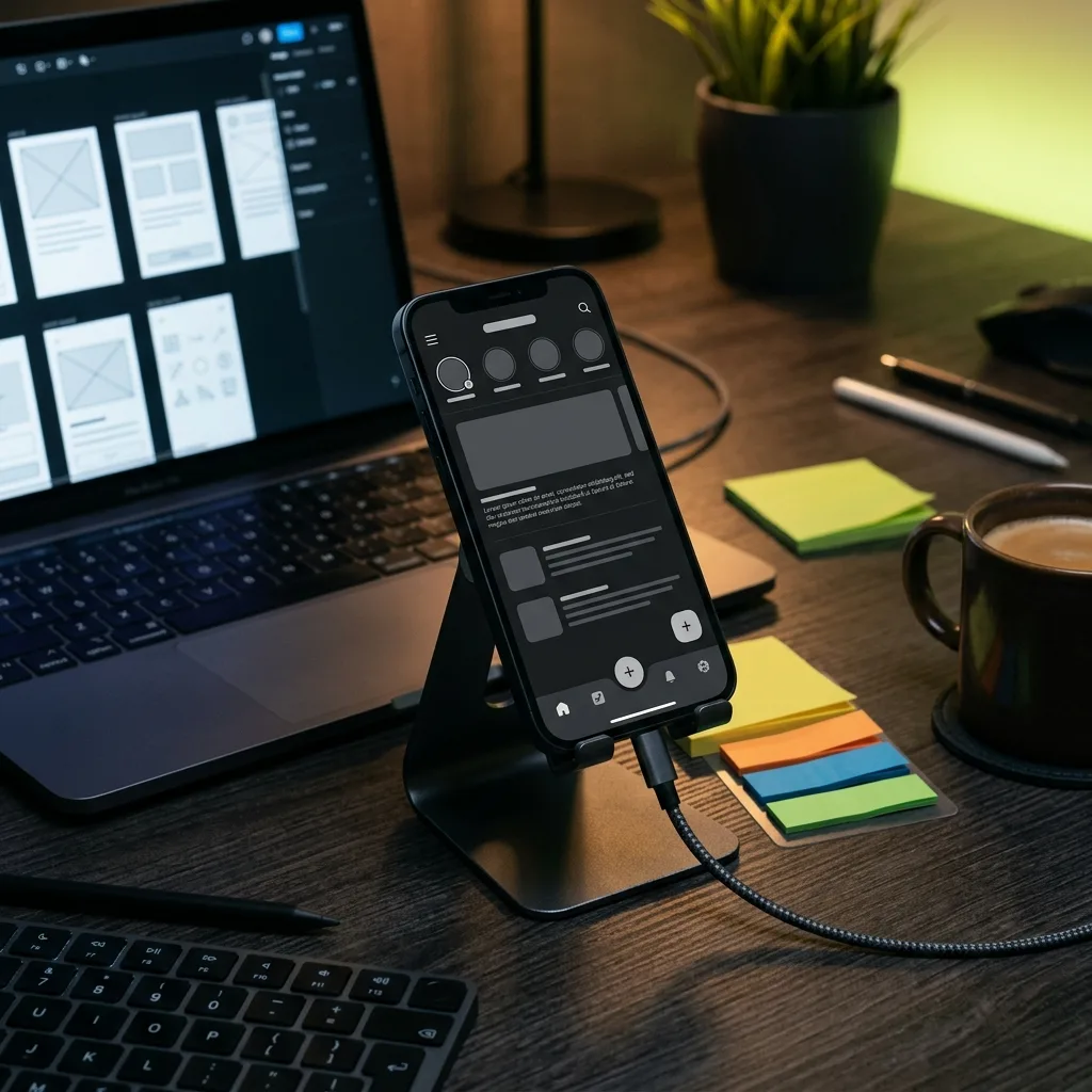 Vývoj mobilnej aplikácie — telefón s návrhom aplikácie a wireframy na notebooku