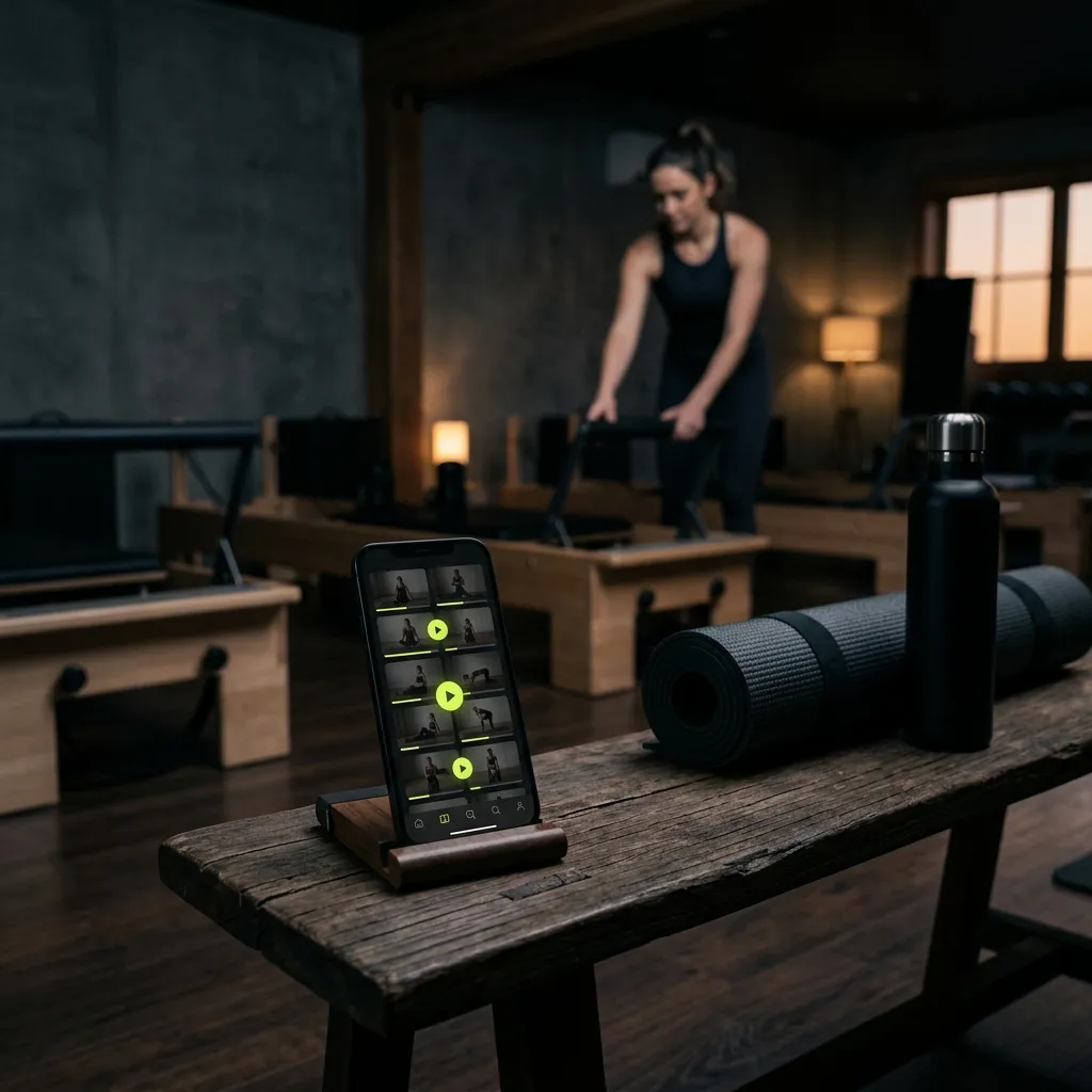 Mobil s knižnicou tréningových videí v pilates štúdiu