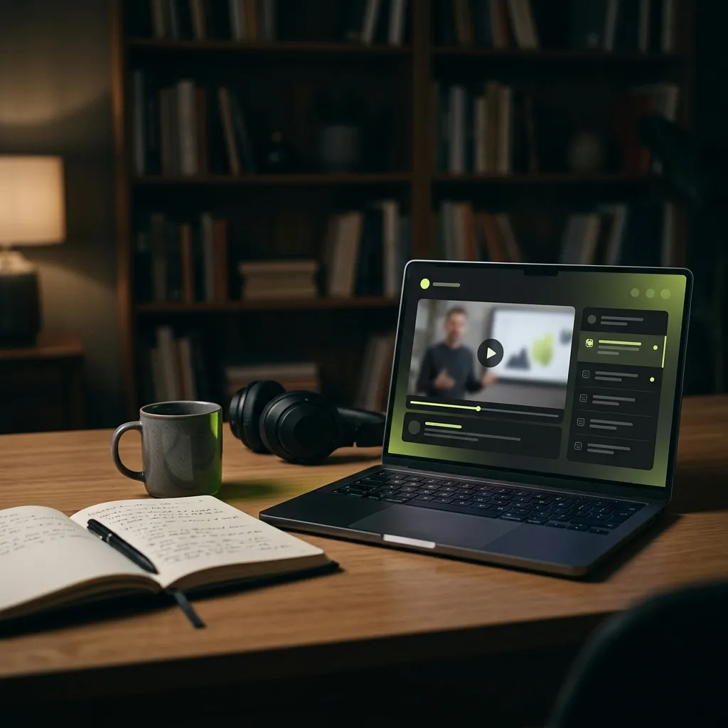 Notebook s online kurzom na pracovnom stole lektora