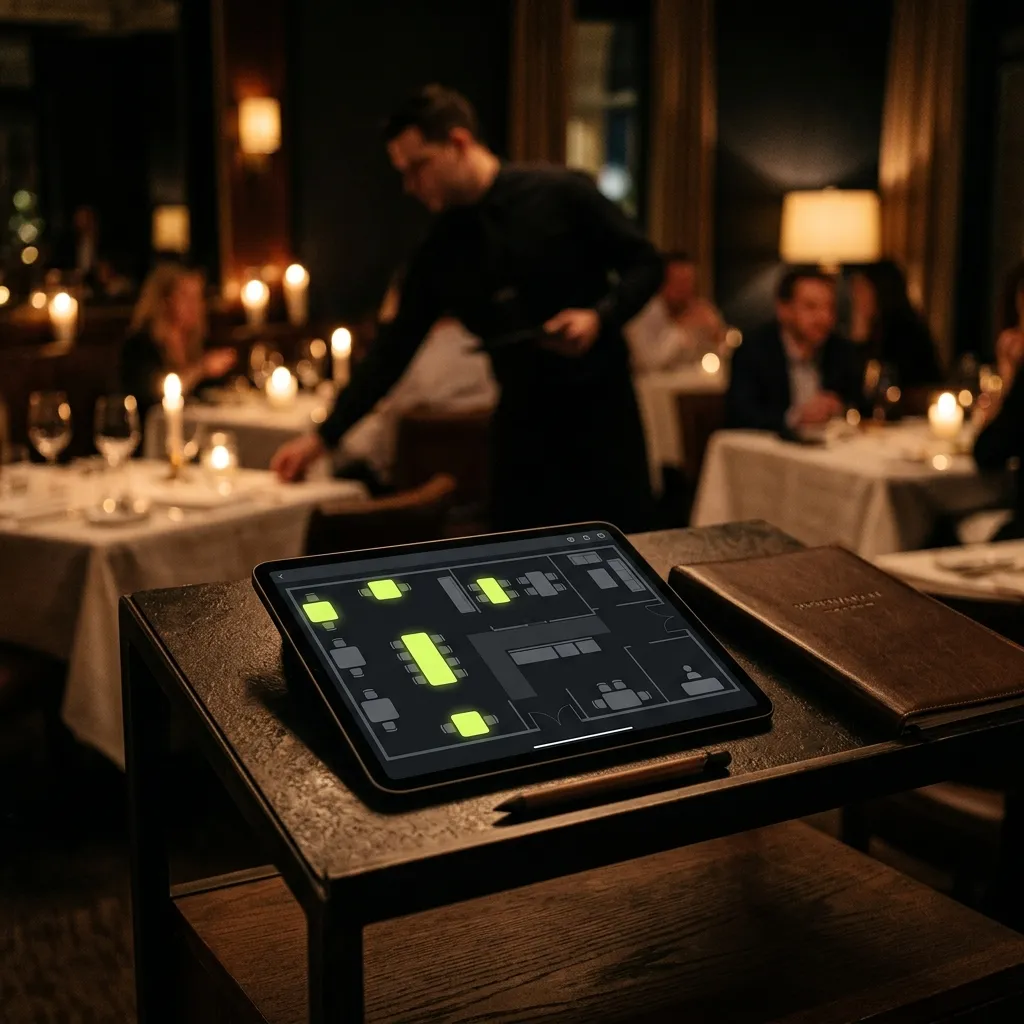 Tablet s plánikom stolov pri vstupe do reštaurácie