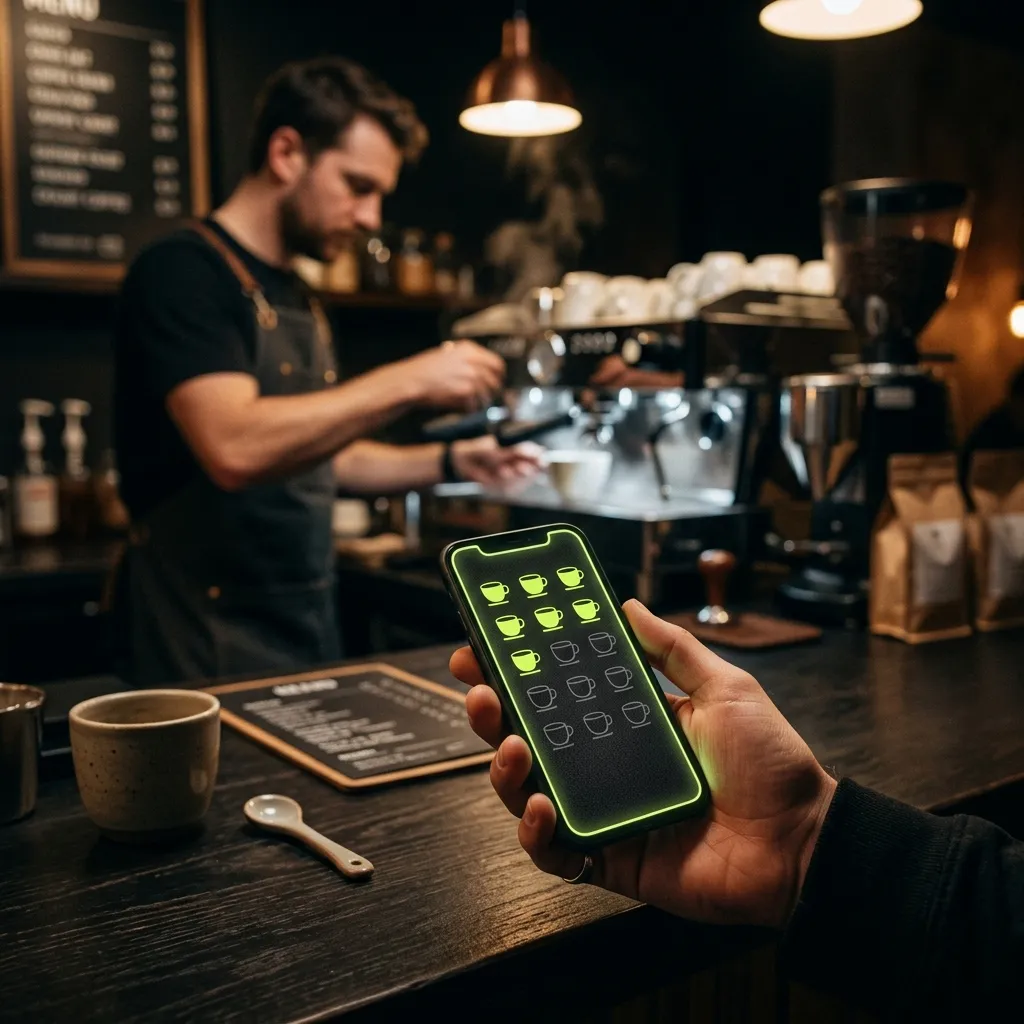 Mobil s digitálnou vernostnou kartou pri pulte kaviarne